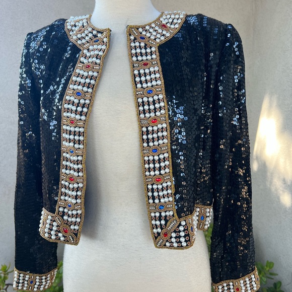 Vintage glam black sequins bolero style jacket colorful beaded trim Sm NiteLine - Picture 10 of 11